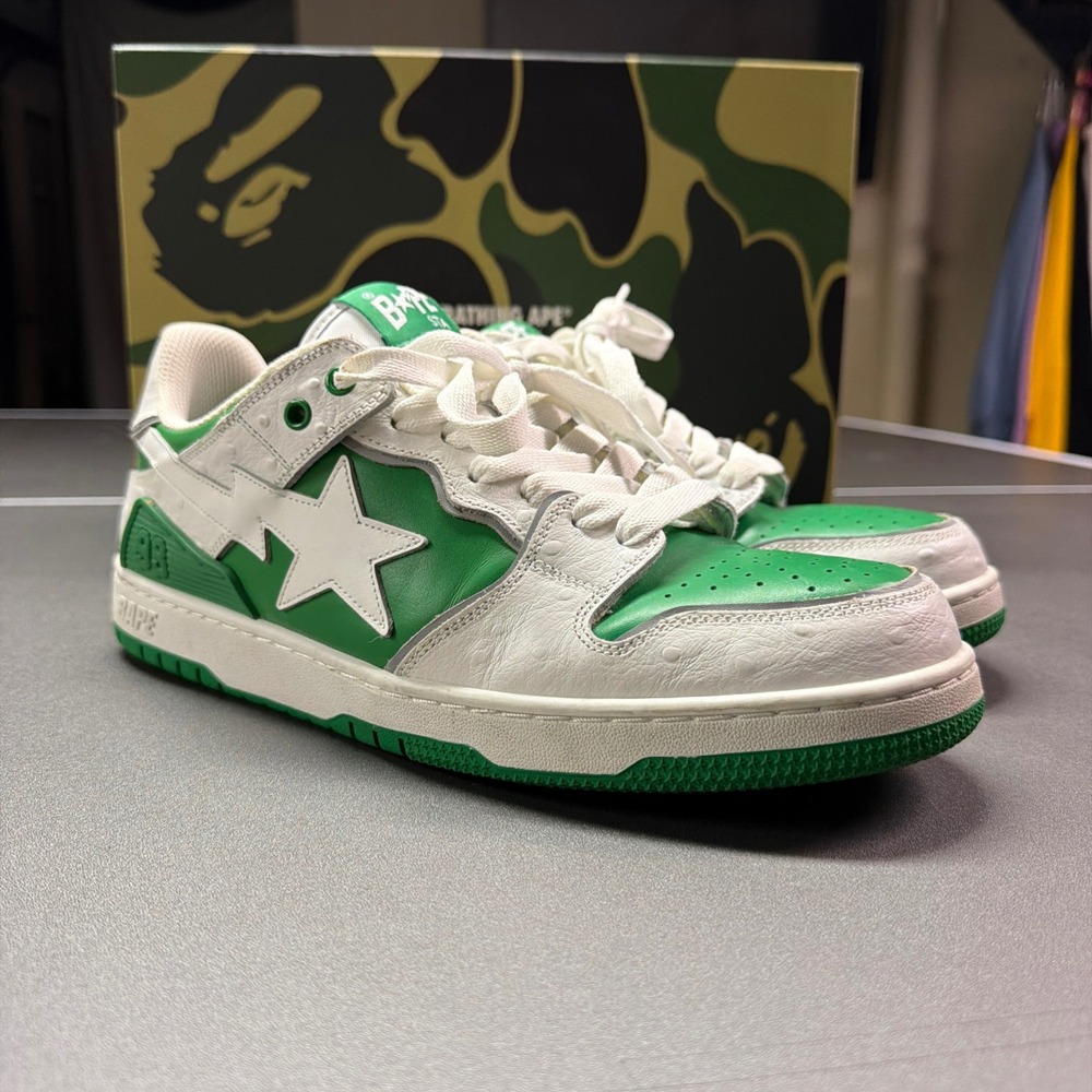 A Bathing Ape Bape Sta 93 Low Green White Ostrich Leather Sneakers Mens 11 Shoes
